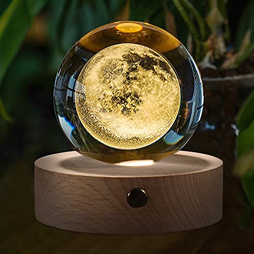 Furniture Life Moon Crystal Ball Stand(3.15inch), 3D Crystal Ball with Led Light, K9 Clear Crystal Ball for Home Decoration
