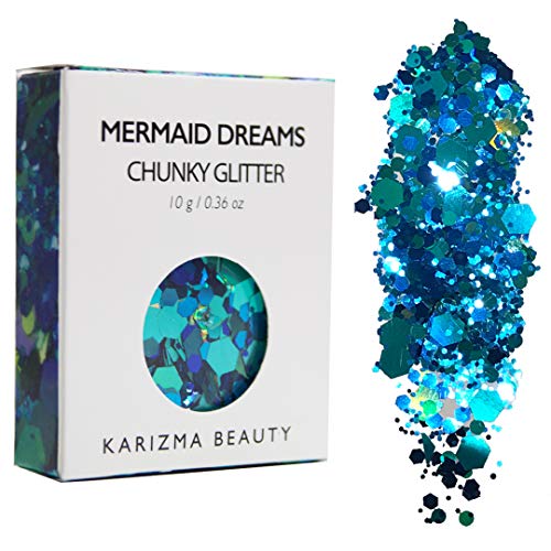 KARIZMA Holographic Mermaid Dreams Glitter. 10g Chunky Face Glitter, Hair Glitter, Eye Glitter, Body Glitter for Women. Rave Gli