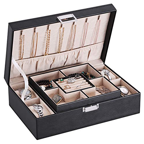 BEWISHOME Jewelry Box Organizer with 4 Watch Case Removable Tray Jewelry Display Storage Case - 7 Necklace Hook - Velvet Lining 