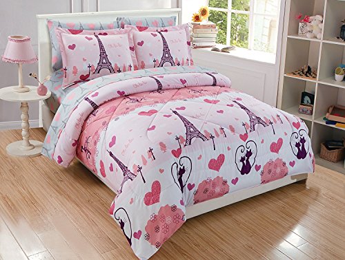 Elegant Home Multicolors Pink Grey Paris Eiffel Tower Bonjour Design 7 Piece Queen Size Comforter Bedding Set for Girls/Kids Bed