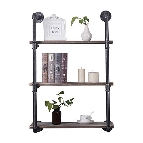 GWH Industrial Pipe Shelving Wall Mounted,24in Rustic Metal Floating Shelves,Steampunk Real Wood Book Shelves,Wall Shelf Unit Booksh