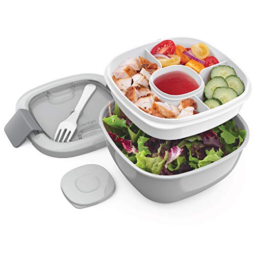 Bentgo Salad - Stackable Lunch Container with Large 54-oz Salad Bowl, 4-Compartment Bento-Style Tray for Toppings, 3-oz Sauce Co