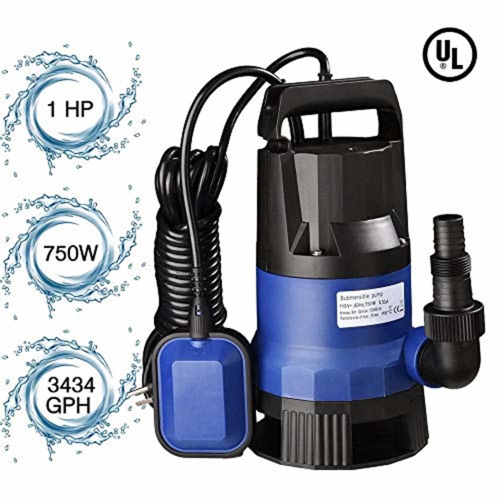 Yescom 1HP Submersible Water Pump 3434GPH 750W Clean/Dirty Water Pumps with Automatic Float Switch for Swimming Pool Garden Tub 