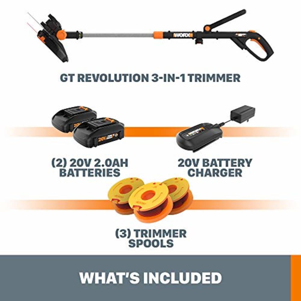 WORX WG170 GT Revolution 20V 12 Inch Grass Trimmer/Edger/Mini-Mower 2 Batteries & Charger Included, Black and Orange