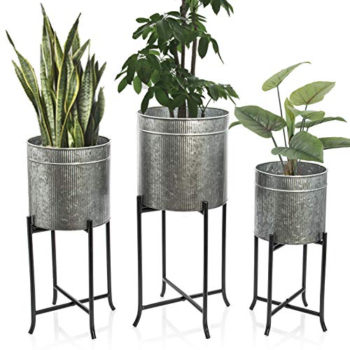 Kimisty Set 3 Large Galvanized Planters Outdoor & Indoor, Metal Farmhouse Decor for Garden, Patio, Porch & Balcony, Pots with Stand and 