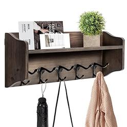 Y&ME YM Coat Hooks with Shelf Wall-Mounted, Rustic Wood Entryway Shelf with 5 Vintage Metal Hooks, Farmhouse Mounted Coat Rack and Upper