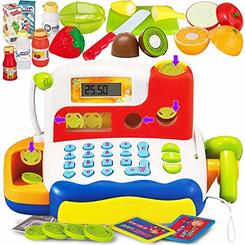 FUNERICA Durable Cash Register Toy for Kids | with Electronic Sounds, Microphone, Scanner, Calculator, Pretend Play Food