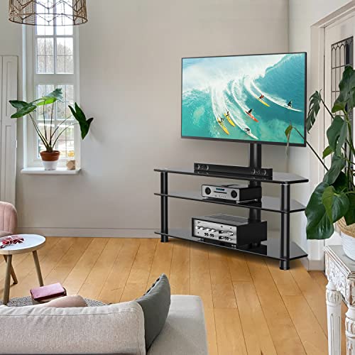 Rfiver Swivel Glass TV Stand with Mount for 32-65 Inch Flat or Curved Screen TV up to 110lbs, Height Adjustable Corner Floor TV 