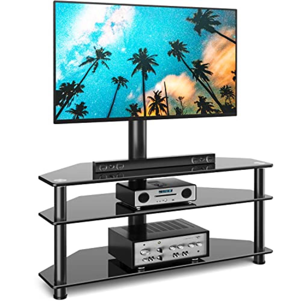 Rfiver Swivel Glass TV Stand with Mount for 32-65 Inch Flat or Curved Screen TV up to 110lbs, Height Adjustable Corner Floor TV 