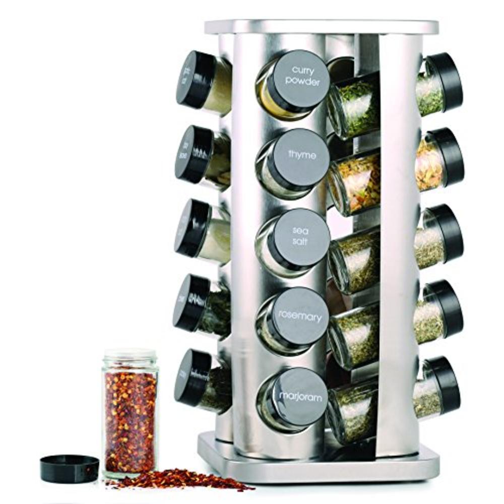 Orii&trade; Orii 20 Jar Stainless Steel Spice Organizer Rack Filled with Spices - Rotating Standing Rack Shelf Holder & Countertop Spice Rac