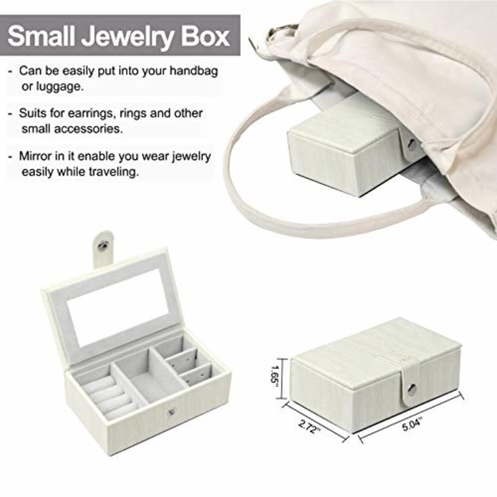 Homde Jewelry Box for Women Girls with Small Travel Case Mirror Necklace Ring Earrings Organizer White Wood Grain