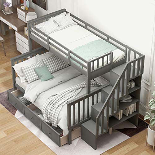Meritline Twin Over Full Bunk Bed with Stairs, Wood Bunk Bed Frame with Storage Drawers and Shelves, No Box Spring Needed, Grey