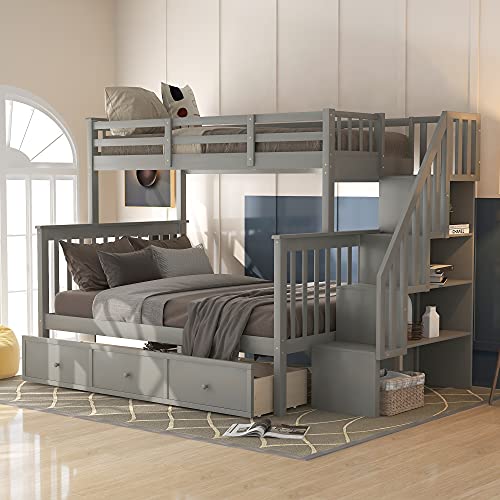 Meritline Twin Over Full Bunk Bed with Stairs, Wood Bunk Bed Frame with Storage Drawers and Shelves, No Box Spring Needed, Grey
