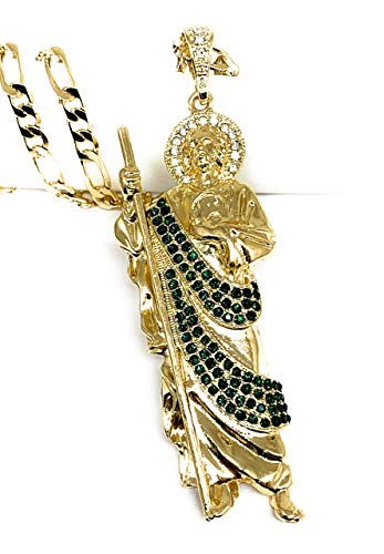Fran & Co. Jewelry Gold Plated Big XL Green Saint Jude Pendant Necklace Figaro 26" San Judas Tadeo Medalla Cadena Oro Laminado
