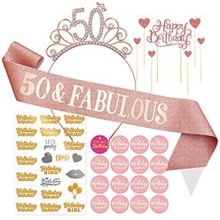 ERTREE Rose Gold 50th Birthday Decorations for Women, 50 & Fabulous Birthday Sash Birthday Crown Tiara Birthday Buttons Pins Gifts for 
