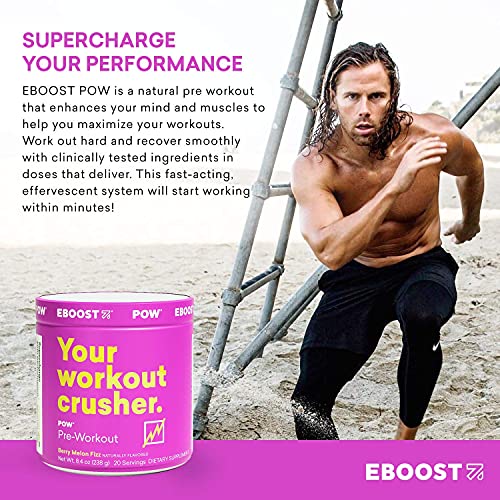 EBOOST POW Natural Pre-Workout – 20 Servings - Berry Melon Fizz - A Pre Workout Supplement for Performance, Joint Mobility Suppo