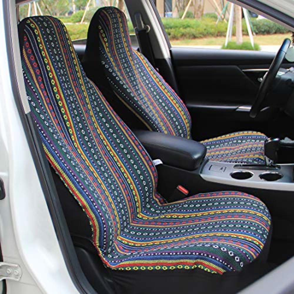 COPAP 10pc Stripe Colorful Seat Cover Baja Blue Saddle Blanket Weave Universal Bucket Seat Cover with Steering Wheel Cover Front & Rea