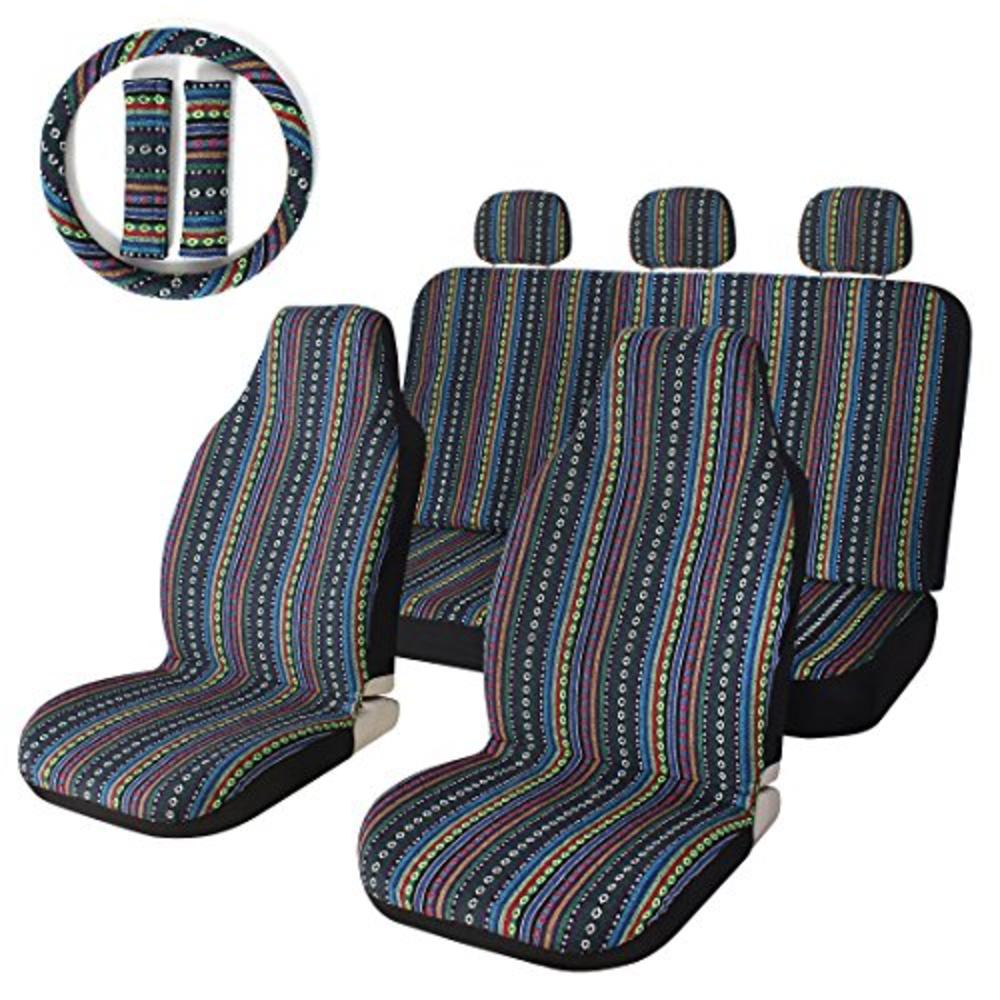COPAP 10pc Stripe Colorful Seat Cover Baja Blue Saddle Blanket Weave Universal Bucket Seat Cover with Steering Wheel Cover Front & Rea