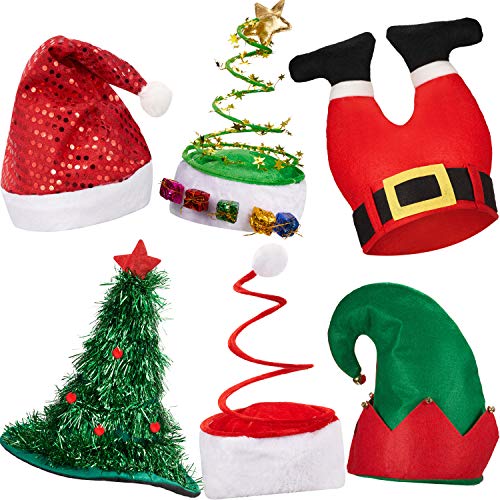 Syhood 6 Pieces Christmas Hats Santa Xmas Hat Christmas Tree Hat Cap Elf  Hat Coil Santa Hat for Adults Merry Xmas Carnival Party Costum