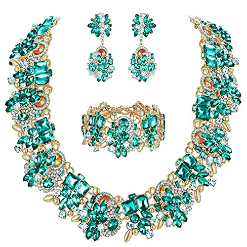 NABROJ Statement Necklaces Set for Women with Big Green Crystals Chunky Gold Neck Chain Bib Necklace Wedding Jewelry Accessory f