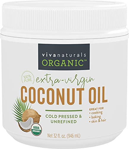 Viva Naturals Organic Coconut Oil 32 Oz- Unrefined, Cold-Pressed Extra Virgin Coconut Oil, Great as Hair Oil, Skin Oil and Cooki