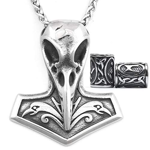 GUNGNEER Norse Viking Raven Skull Necklace Stainless Steel Thor Hammer Mjolnir Jewelry For Men Women, Viking Beard Beads Gift