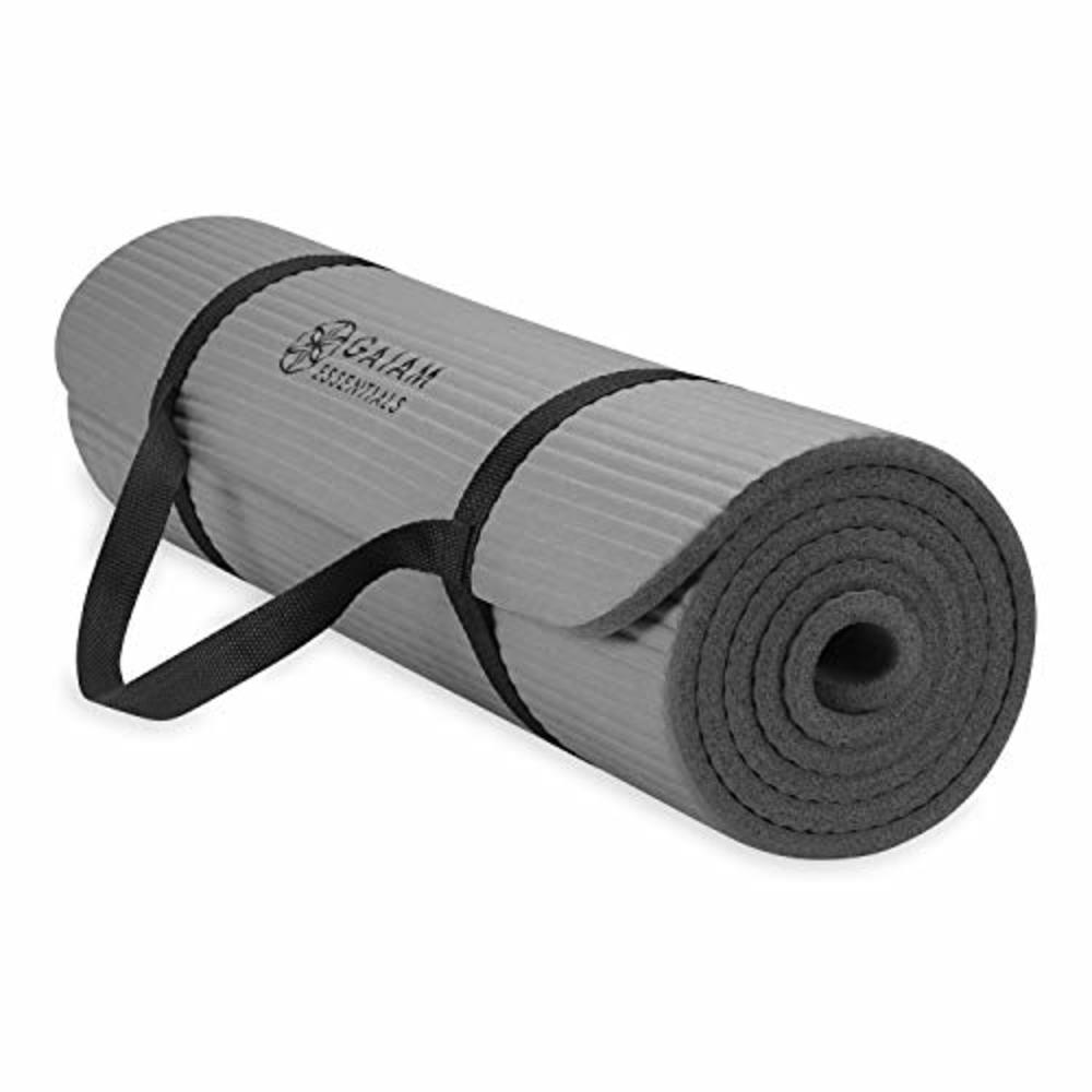 Gaiam Essentials Thick Yoga Mat Fitness & Exercise Mat With Easy-Cinch Yoga Mat Carrier Strap, Grey, 72 InchL X 24 InchW X 2/5 I