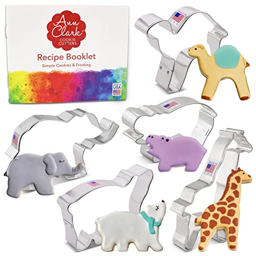 Ann clark cookie cutters Safari Zoo Animals 5 Pc cookie cutter Set with Recipe Booklet, Extra Large Elephant, giraffe, Hippo, Po