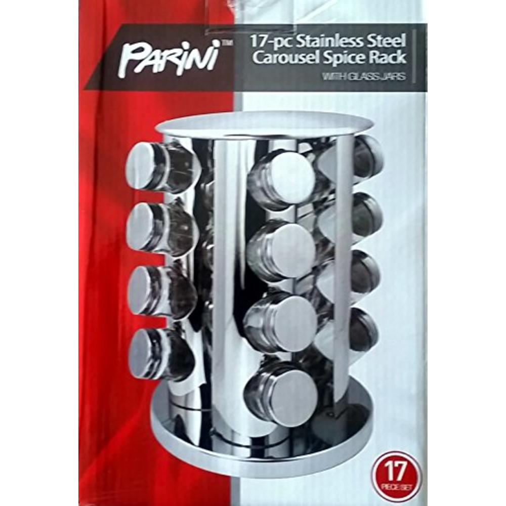 Parini 17 Pc Stainless Steel carousel Spice Rack with glass Jars
