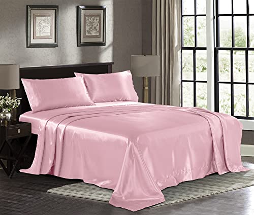 PURE BEDDING Satin Sheets california King 4-Piece, Pink] Luxury Silky Bed Sheets - Extra Soft 1800 Microfiber Sheet Set, Wrinkle, Fade, Stain