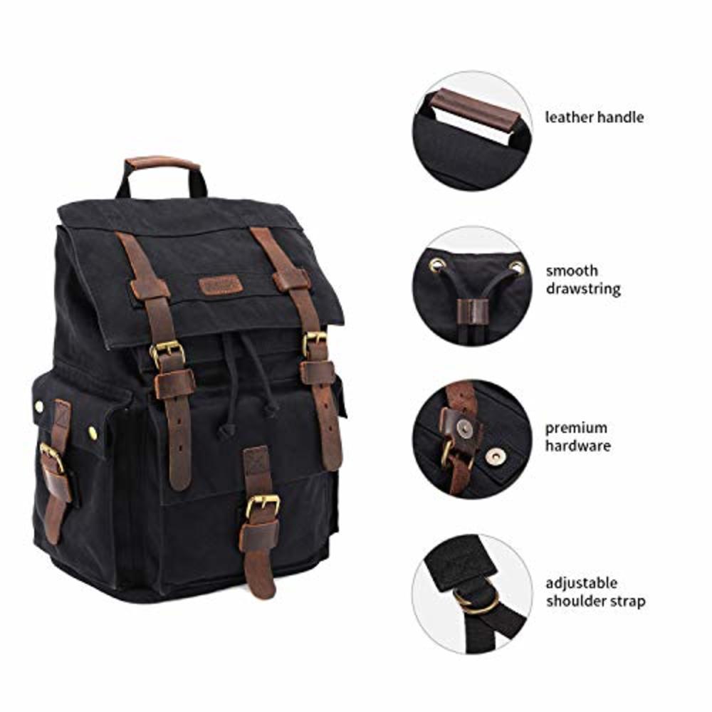 Kattee Men’s Leather Canvas Backpack Large School Bag Travel Rucksack Black