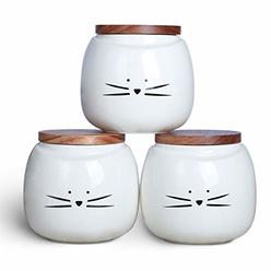 Koolkatkoo ceramic cat White canister Set coffee Tea Sugar Food Storage with Bamboo Lid for the Kitchen canister Round Set of 3