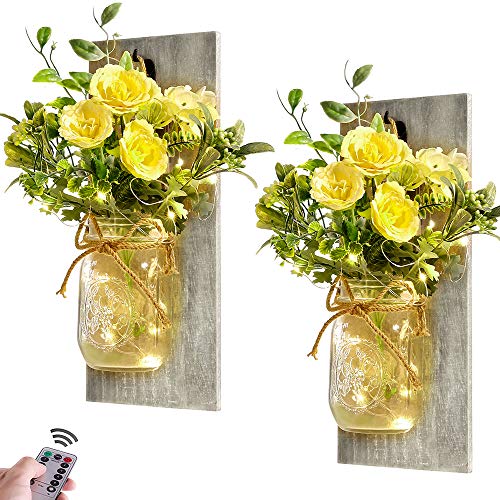 Homecor Wall Decor Mason Jar Sconces - Rustic Farmhouse Home Decor with Remote control Wall Lights and Yellow Rose for Bedroom Wall Deco