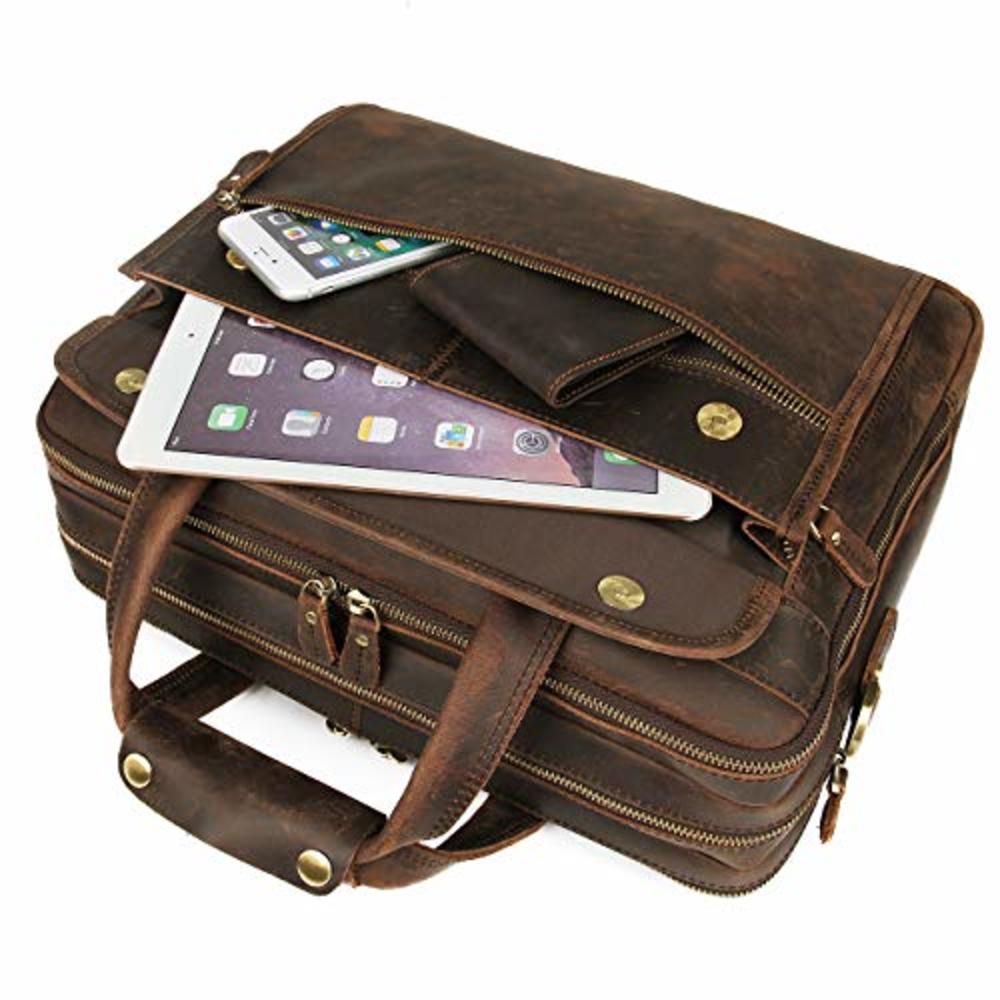 Augus Leather Briefcase for Men Business Travel Messenger Bags 15.6 Inch Laptop Bag YKK Metal Zipper, Brown