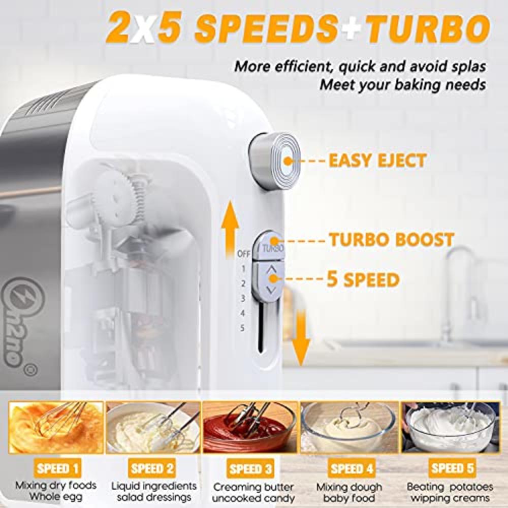 ON2NO Hand Mixer Electric 450W Power Handheld Mixer with Turbo, Eject Button, 5-Speed Egg Beater Mixing for Dough, Egg, Cake, 5 