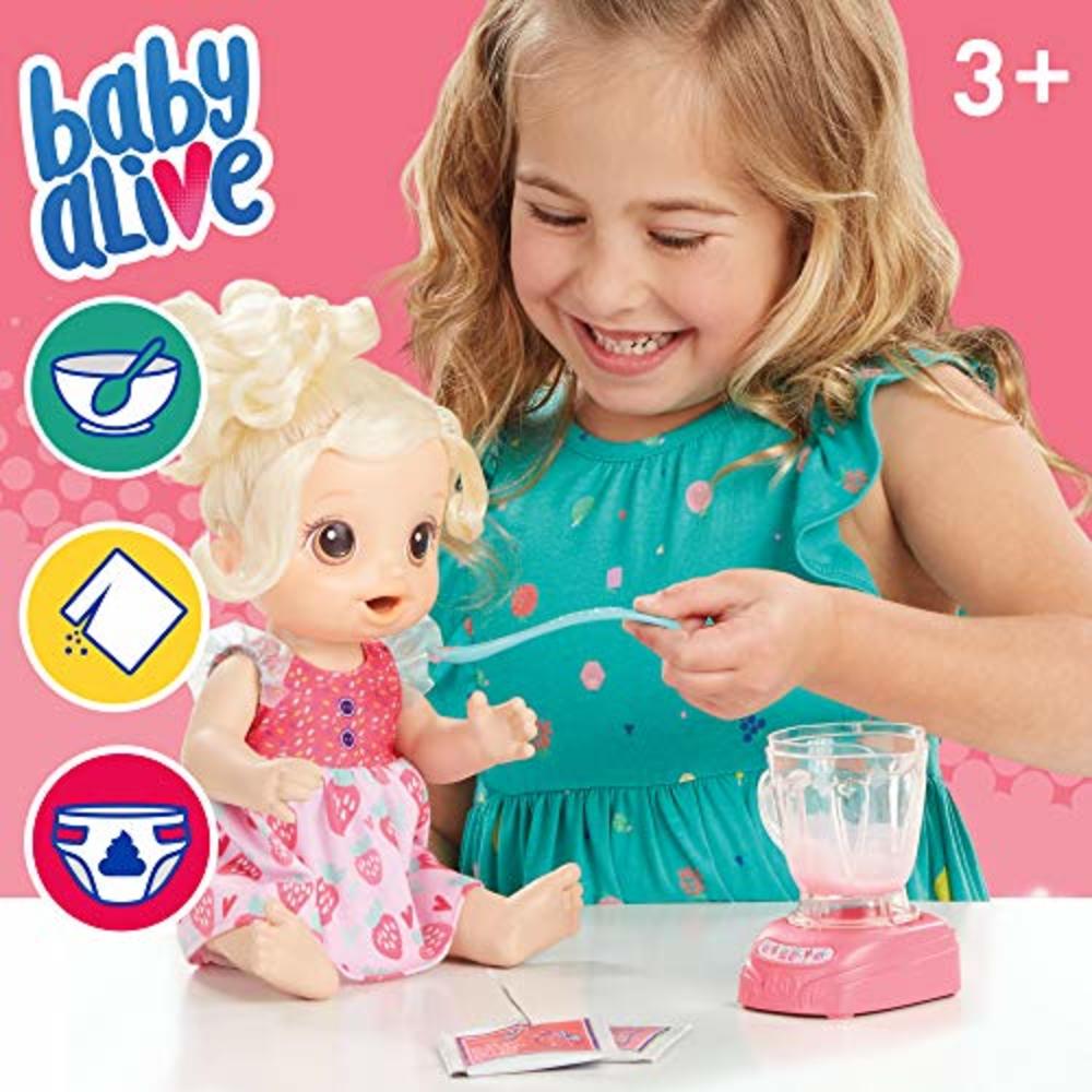 Baby Alive Magical Mixer Baby Doll Strawberry Shake with Blender Accessories, Drinks, Wets, Eats, Blonde Hair Toy for Kids Ages 