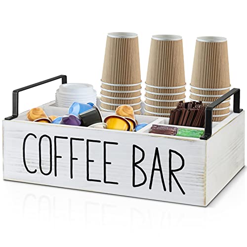 Lzhevsk Coffee Station Organizer, Wooden Coffee Bar Accessories Organizer for Counter, Farmhouse Kcup Coffee Pod Holder Storage Basket W