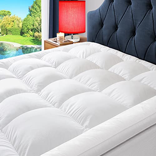 ELEMUSE Extra Thick cooling King Mattress Topper, 1300 gSM Overfilled Pillow Top with Baffle Box Design, Hand Made 400Tc Organic