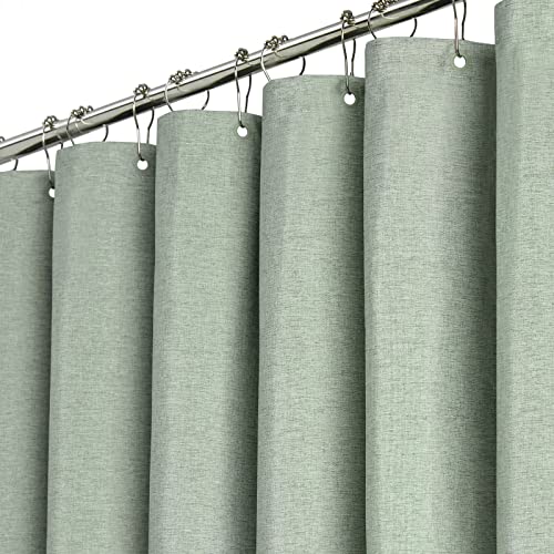 BTTN Sage green Shower curtain, Linen Textured Heavy Duty Thick Fabric Shower curtain Set with 12 Plastic Hooks, Rust Resistant,