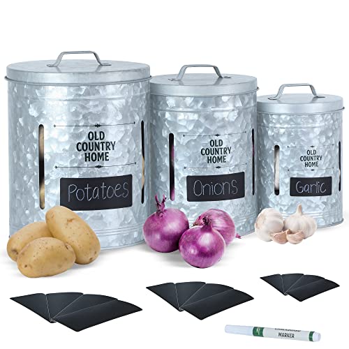 Saratoga Home Onion and Potato Storage for Pantry by Saratoga Home - Extra Large Set of 3 Sprout-Free galvanized Metal Potato Bin and Vegetabl