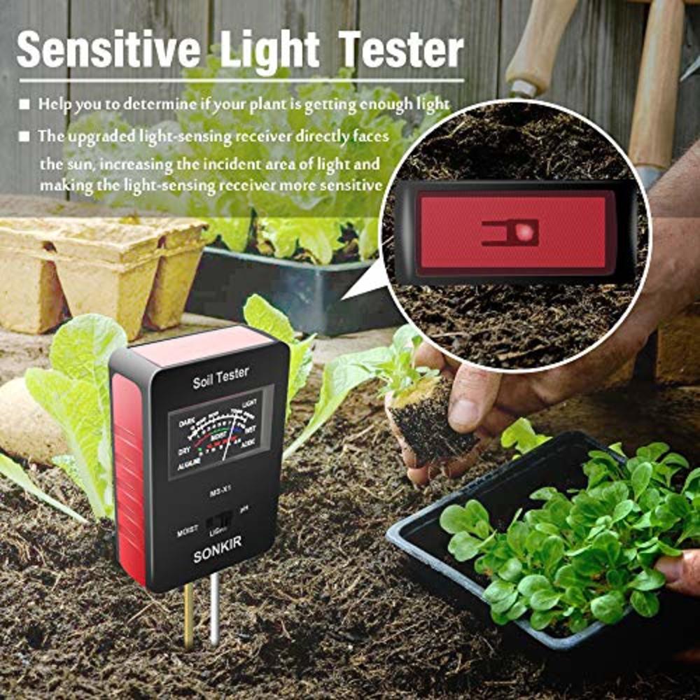 SONKIR Soil pH Meter, MS-X1 Upgraded 3-in-1 Soil Moisture/Light/pH Tester Gardening Tool Kits for Plant Care, Great for Garden, 