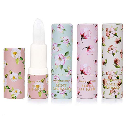 Live Green 4 Pc Lip Balm Collection, Lip Softening Gift Set (Mint, Berry, Rose and Vanilla)