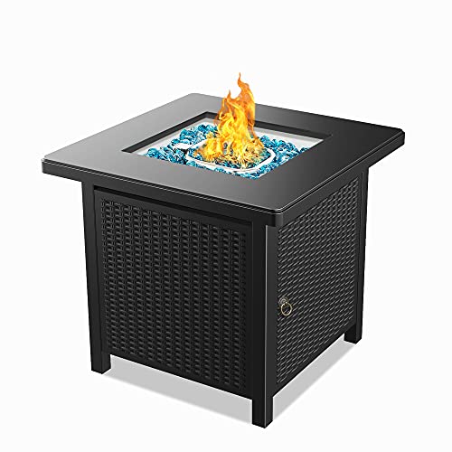 BALI OUTDOORS Gas Fire Pit Patio Furniture Table Propane Firepit, 28Inch Steel Tabletop Fire Pit with Cover Lid, Blue Glass Ston