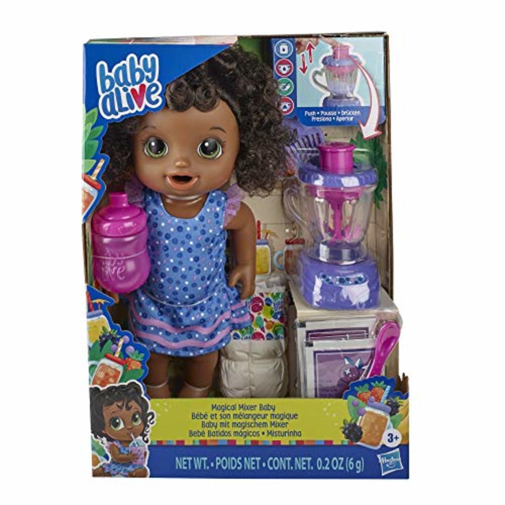 Baby Alive Magical Mixer Baby Doll Berry Shake with Blender Accessories, Drinks, Wets, Eats, Black Hair Toy for Kids Ages 3 and 