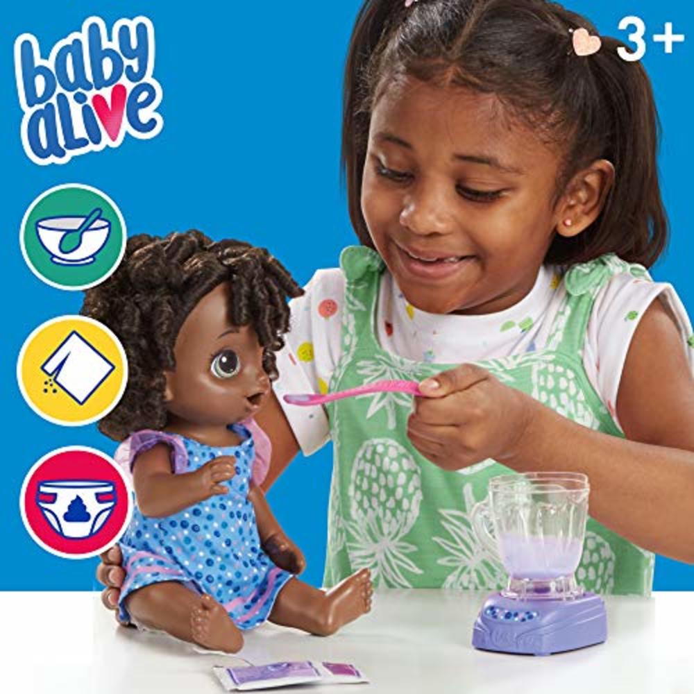 Baby Alive Magical Mixer Baby Doll Berry Shake with Blender Accessories, Drinks, Wets, Eats, Black Hair Toy for Kids Ages 3 and 