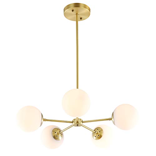 Light Society Grammercy 5-Light Chandelier Pendant, Brushed Brass with White Frosted Globes, Classic Mid Century Modern Lighting
