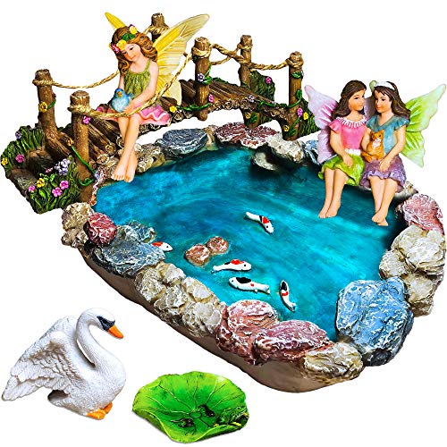 Mood Lab Fairy Garden Fish Pond Kit - Miniature Bridge Set of 6 pcs Fairy Garden Figurines & Accessories - Outdoor or House Deco