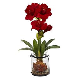 Nearly Natural Amaryllis with Vase Floral Decor, 24", Red