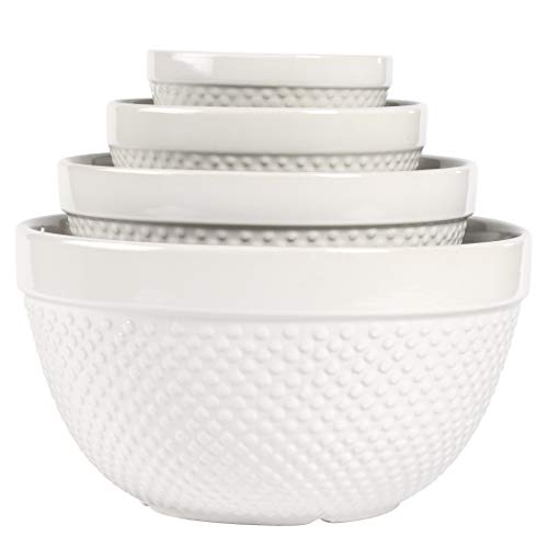 Tabletops Gallery Ti Tabletops Gallery Hobnail Style 4 Piece Classic White Stoneware Nesting Mixing Bowl Set for Baking and Cooking
