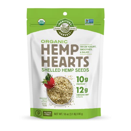 MANITOBA HARVEST Organic Hemp Seeds, 18oz 10g Plant Based Protein and 12g Omega 3 & 6 per Srv  smoothies, yogurt & salad  Non-gMO, Vegan, Keto, P